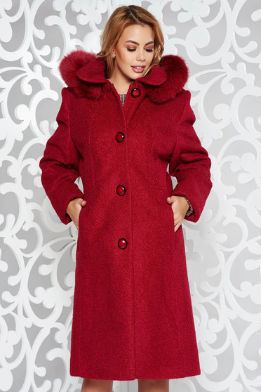 Red elegant from wool coat with straight cut with inside lining detachable hood