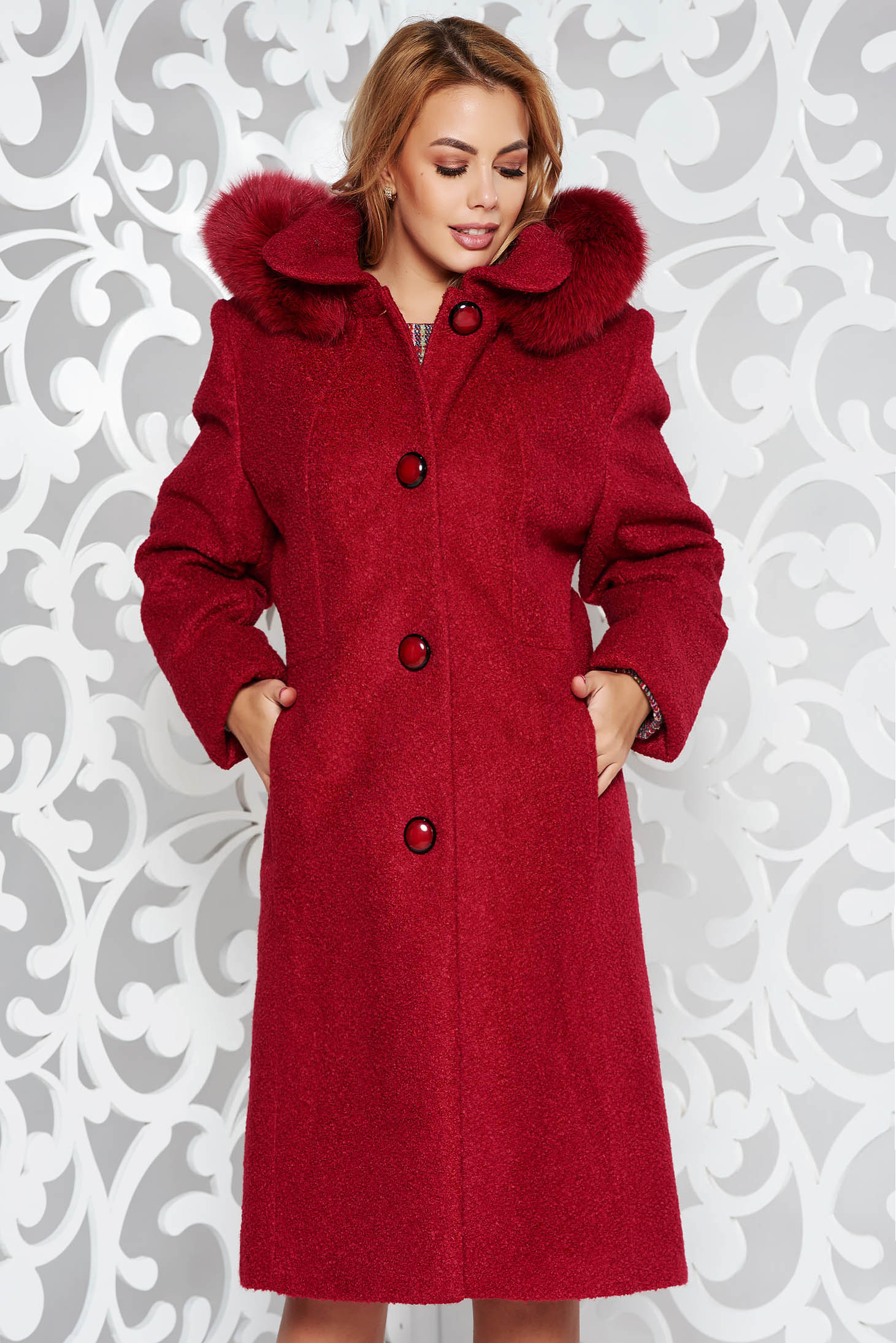 red wool coat with fur hood