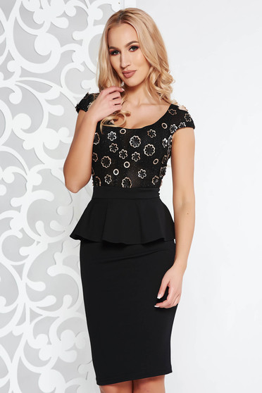 Fofy black occasional pencil frilled dress slightly elastic fabric with floral details