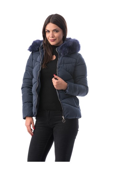 Darkblue jacket casual from slicker with inside lining with faux fur accessory