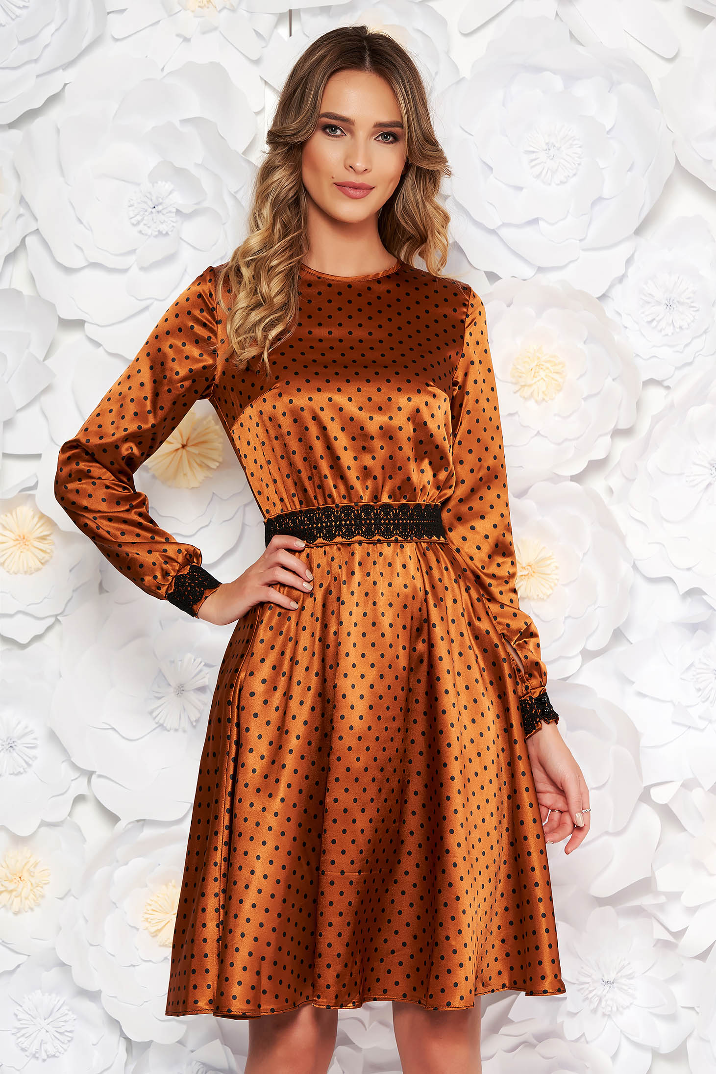 StarShinerS brown elegant cloche dress from satin fabric texture with embroidery details accessorized with tied waistband