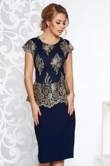 Darkblue occasional pencil dress frilled slightly elastic cotton with sequin embellished details