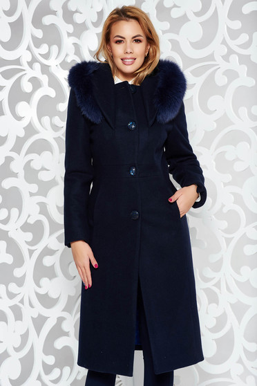 Darkblue elegant wool coat straight with inside lining with pockets fur collar