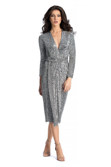 Ana Radu silver occasional dress with sequin embellished details flaring cut with v-neckline accessorized with tied waistband