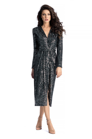 Ana Radu black occasional cloche dress with sequins with v-neckline accessorized with tied waistband