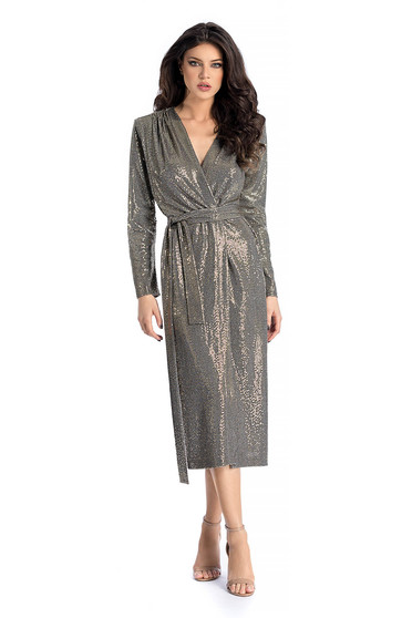 Ana Radu gold occasional cloche dress with sequins with v-neckline accessorized with tied waistband