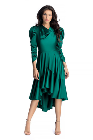Ana Radu darkgreen luxurious asymmetrical dress from satin fabric texture with puffed sleeves with ruffles at the buttom of the dress