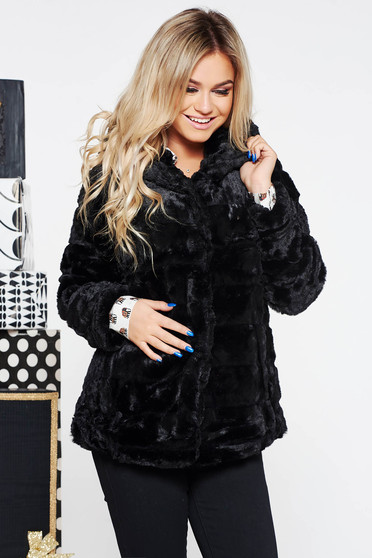 SunShine black clubbing fur from ecological fur with inside lining with undetachable hood