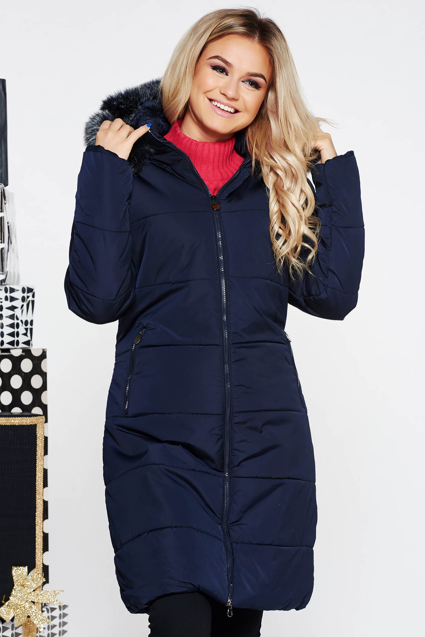 SunShine darkblue casual from slicker jacket with inside lining with faux fur accessory with pockets 1 - StarShinerS.com