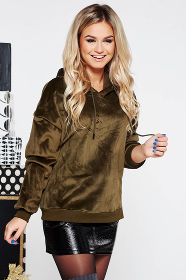 SunShine khaki casual coat from velvet fabric with easy cut with laced details with undetachable hood