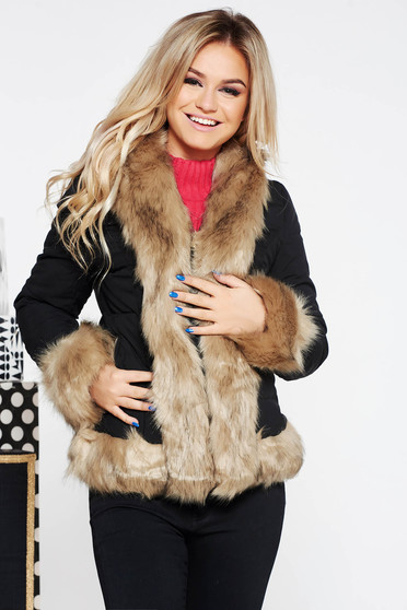 SunShine black short cut casual jacket from slicker with inside lining with faux fur details
