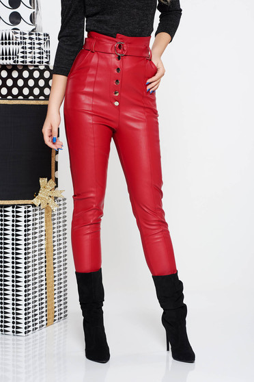 SunShine red casual high waisted trousers from ecological leather accessorized with tied waistband