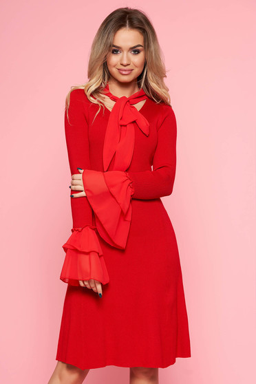 SunShine red clubbing dress with tented cut knitted fabric with bell sleeve