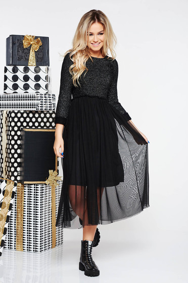 SunShine black casual midi dress knitted fabric with inside lining with lame thread