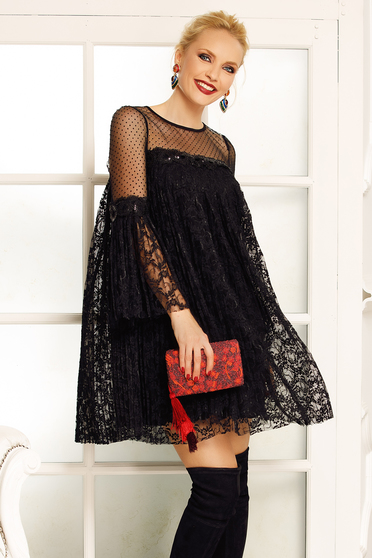 Fofy black dress occasional flared laced with inside lining with bell sleeve