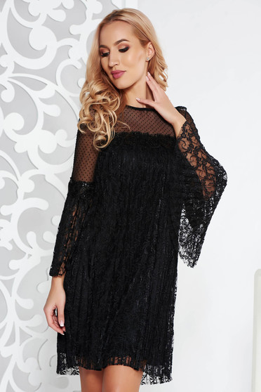 Fofy black dress occasional flared laced with inside lining with bell sleeve