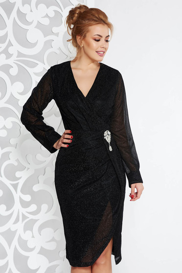 Artista black occasional midi dress from shiny fabric accessorized with breastpin with v-neckline