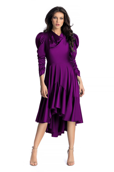 Ana Radu purple luxurious asymmetrical dress from satin fabric texture with puffed sleeves with ruffles at the buttom of the dress