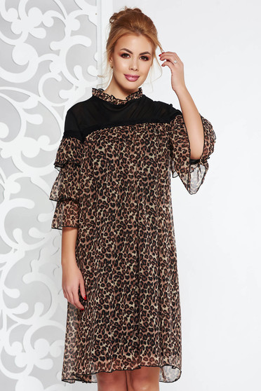 Fofy brown clubbing flared dress from veil with animal print with inside lining with ruffle details