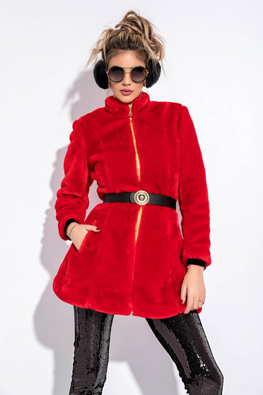 Red ecological fur with inside lining accessorized with belt