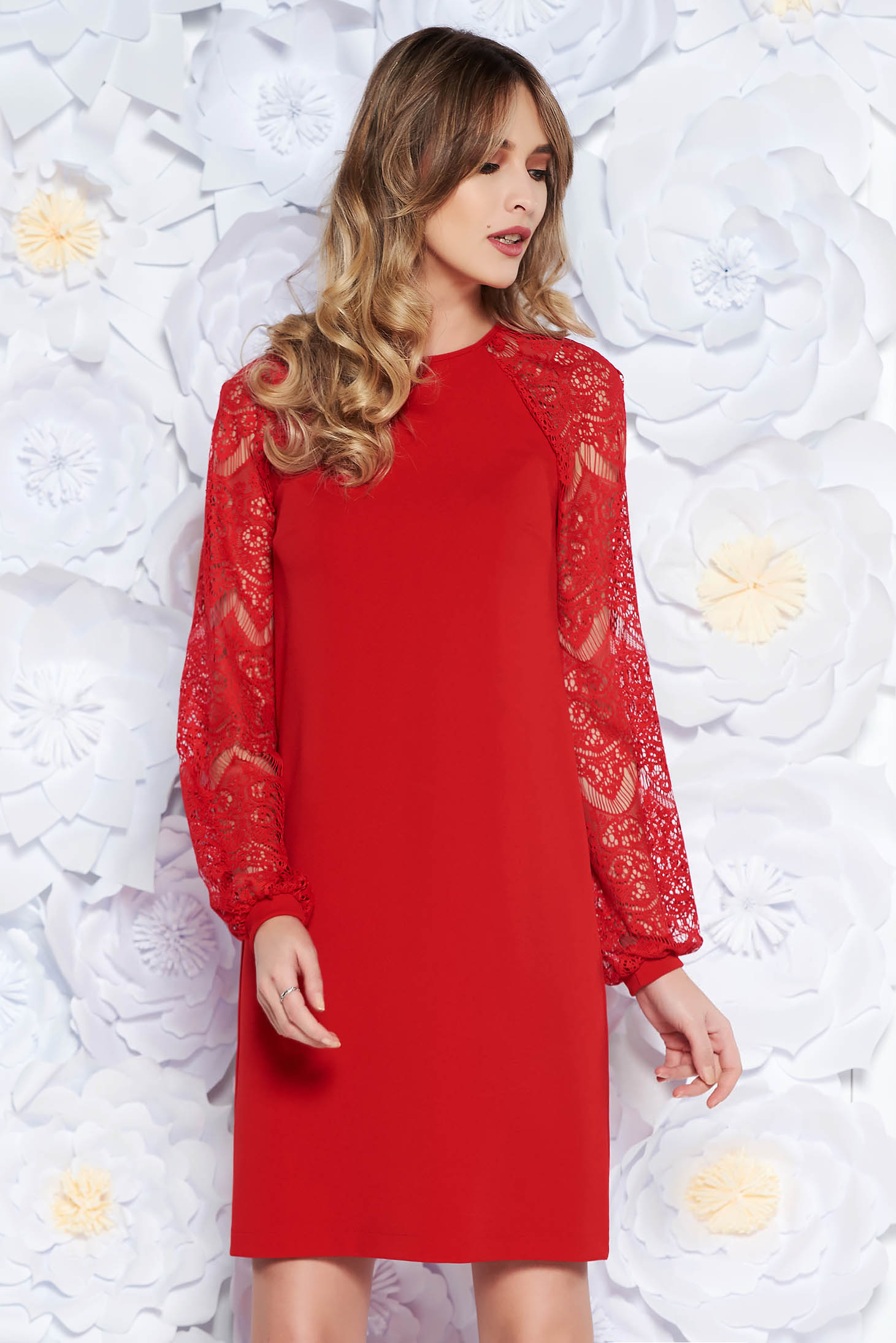 StarShinerS red elegant flared midi dress slightly elastic fabric with laced sleeves