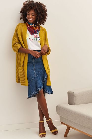 Top Secret yellow casual with easy cut cardigan knitted fabric with pockets