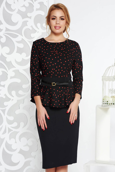 Black elegant pencil dress frilled slightly elastic fabric accessorized with belt