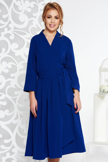 Blue elegant cloche dress nonelastic cotton with v-neckline midi