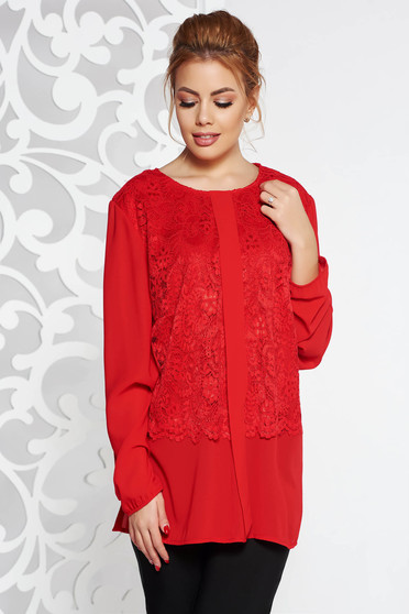 Red elegant from veil fabric flared women`s blouse lace overlay