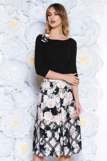 StarShinerS black dress elegant midi cloche scuba with floral prints accessorized with breastpin