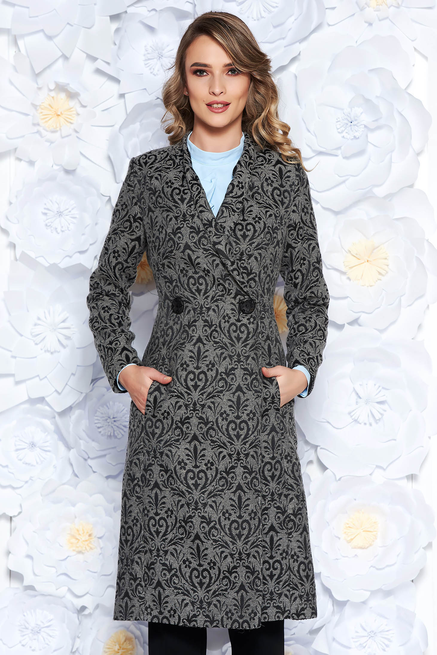 Trench LaDonna gri elegant cambrat din stofa usor elastica captusit pe interior cu model in relief
