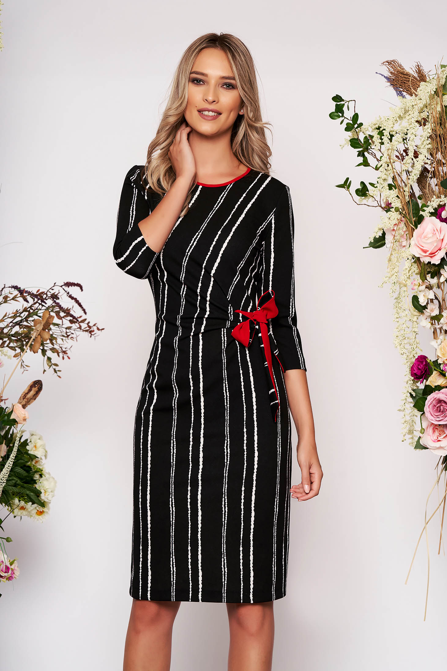 Rochie StarShinerS neagra de zi midi tip creion din material elastic cu maneci trei-sferturi