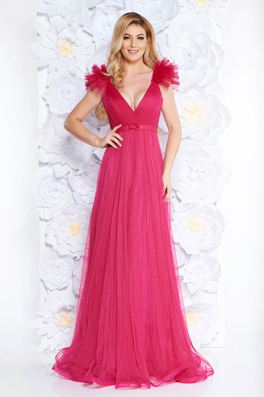 Ana Radu fuchsia luxurious dress from tulle with inside lining with deep cleavage with push-up cups