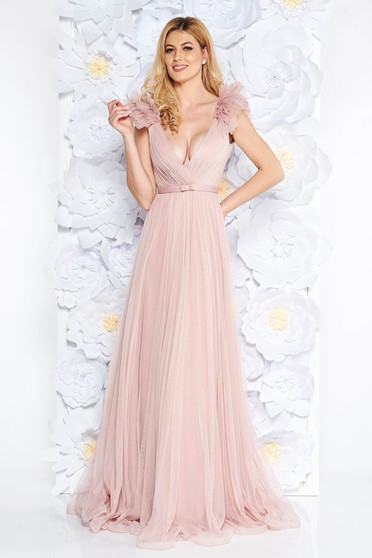 Ana Radu rosa luxurious dress from tulle with inside lining with deep cleavage with push-up cups