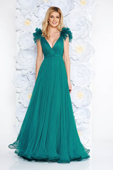 Ana Radu green luxurious dress from tulle with inside lining with deep cleavage with push-up cups