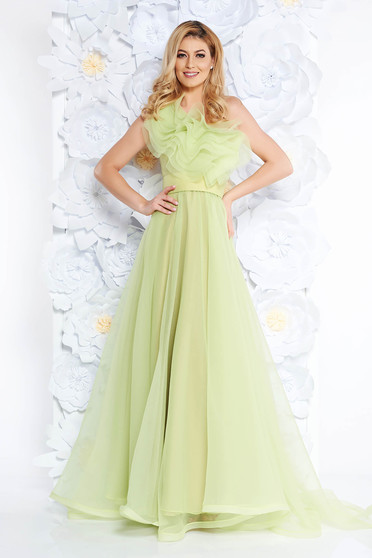 Ana Radu lightgreen dress luxurious from tulle with inside lining with ruffles on the chest one shoulder