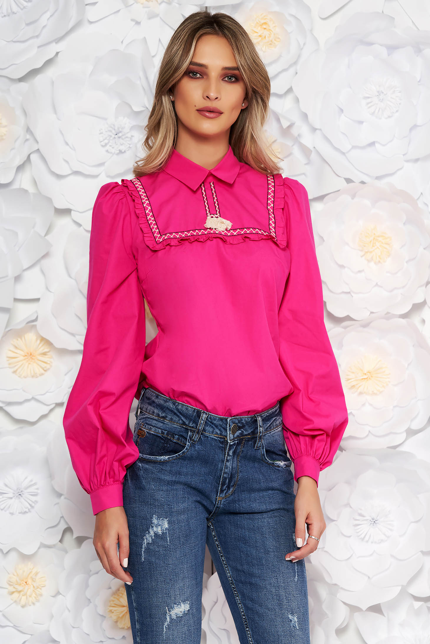 Bluza dama LaDonna fuchsia casual cu croi larg din bumbac neelastic cu ciucuri