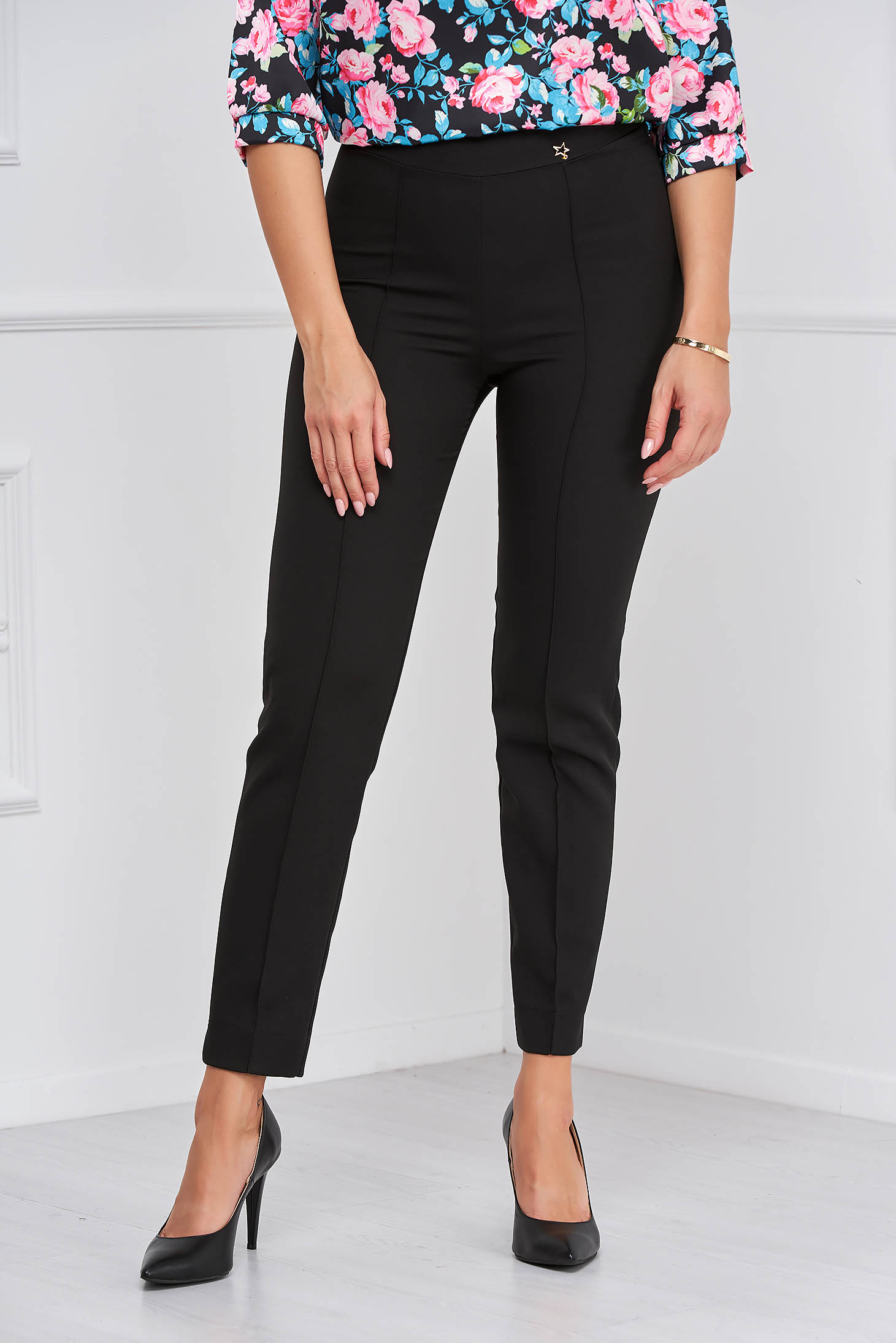 StarShinerS black trousers office high waisted slightly elastic fabric with pockets conical