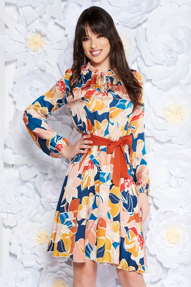 PrettyGirl brown daily cloche dress from satin fabric texture with elastic waist accessorized with tied waistband