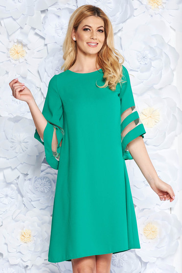 Green dress elegant flared from non elastic fabric large sleeves