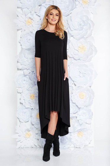 Black daily flared dress from elastic fabric asymmetrical with 3/4 sleeves