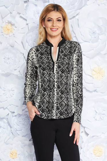 Black office flared women`s shirt airy fabric with v-neckline