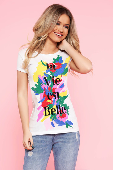 Top Secret white casual t-shirt slightly elastic cotton with print details with tented cut