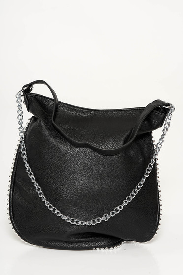 Black casual bag from ecological leather metallic chain accessory
