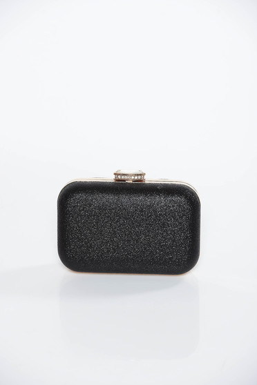 Black occasional clutch bag with metallic aspect long chain handle