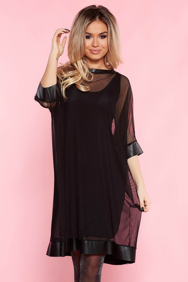 SunShine black clubbing flared dress from tulle with inside lining with faux leather details