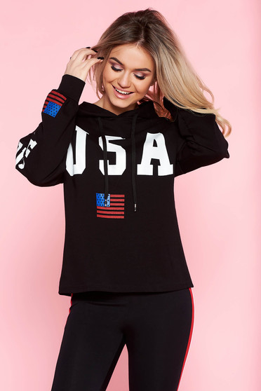 SunShine black casual with easy cut coat slightly elastic cotton with undetachable hood with laced details