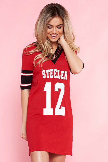 SunShine red casual flared dress from elastic fabric with v-neckline