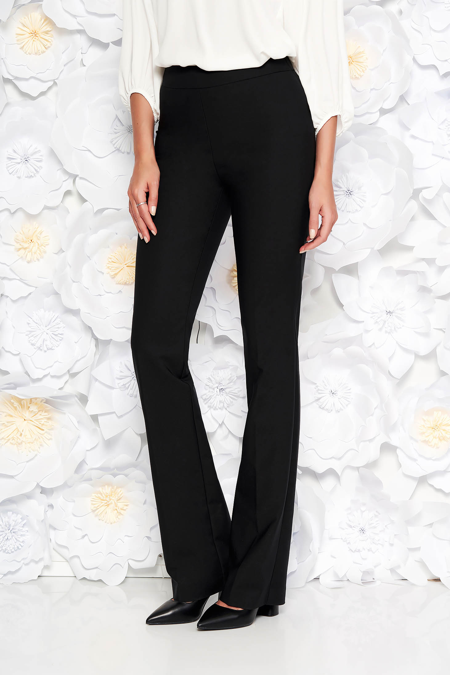 Black office flared trousers nonelastic cotton with medium waist