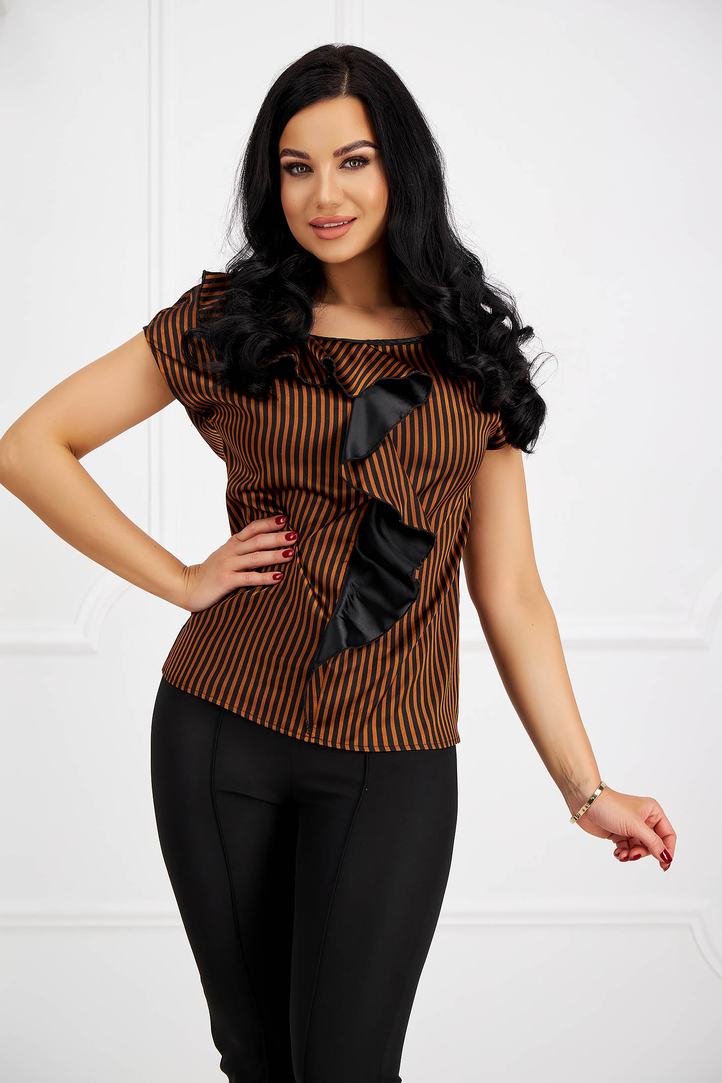 Brown women`s blouse from satin fabric texture with ruffle details loose fit - StarShinerS